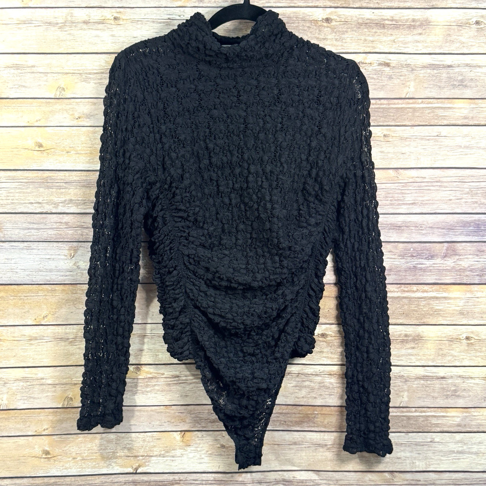 Free People Womens Black Day & Night Lace Sheer Long Sleeve Mock Neck Bodysuit M